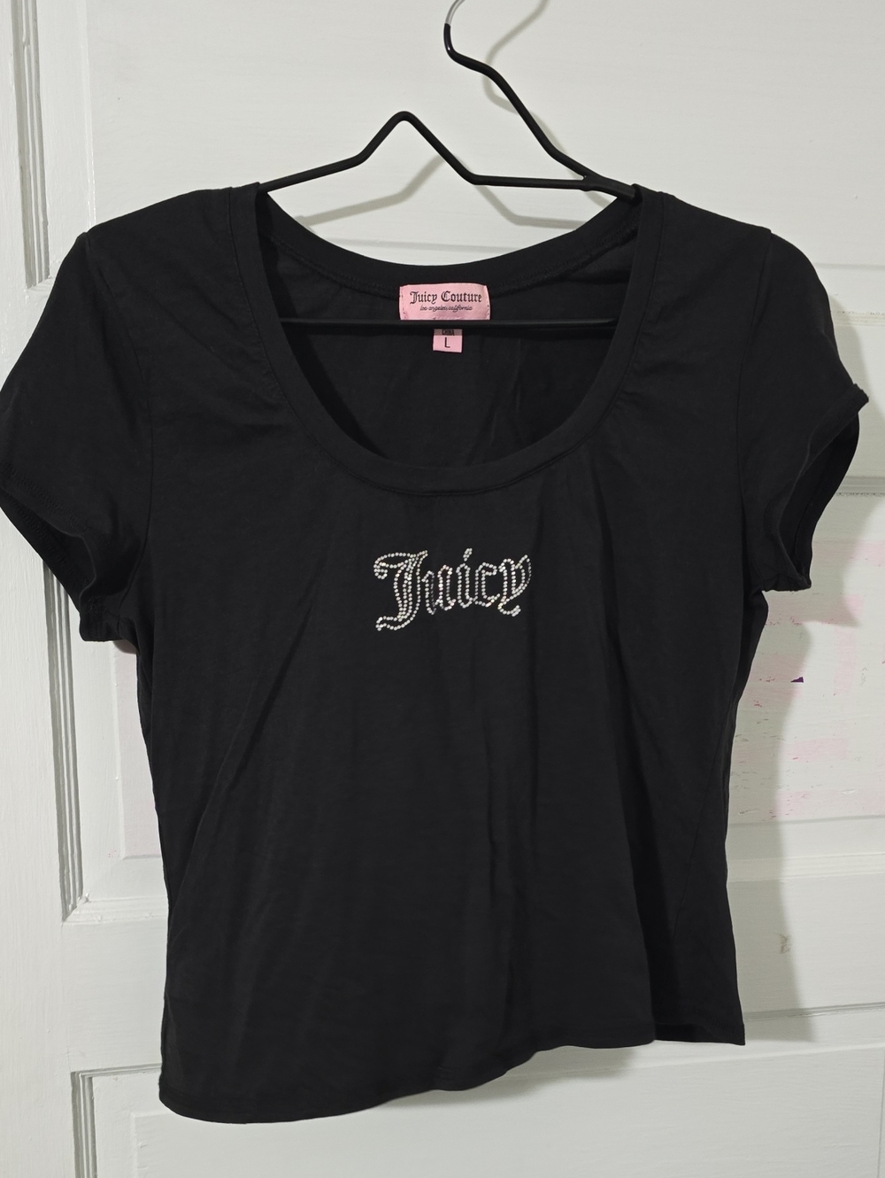 Juicy Couture Black Scoop Neck Tee with Rhinestone 'Juicy' Script